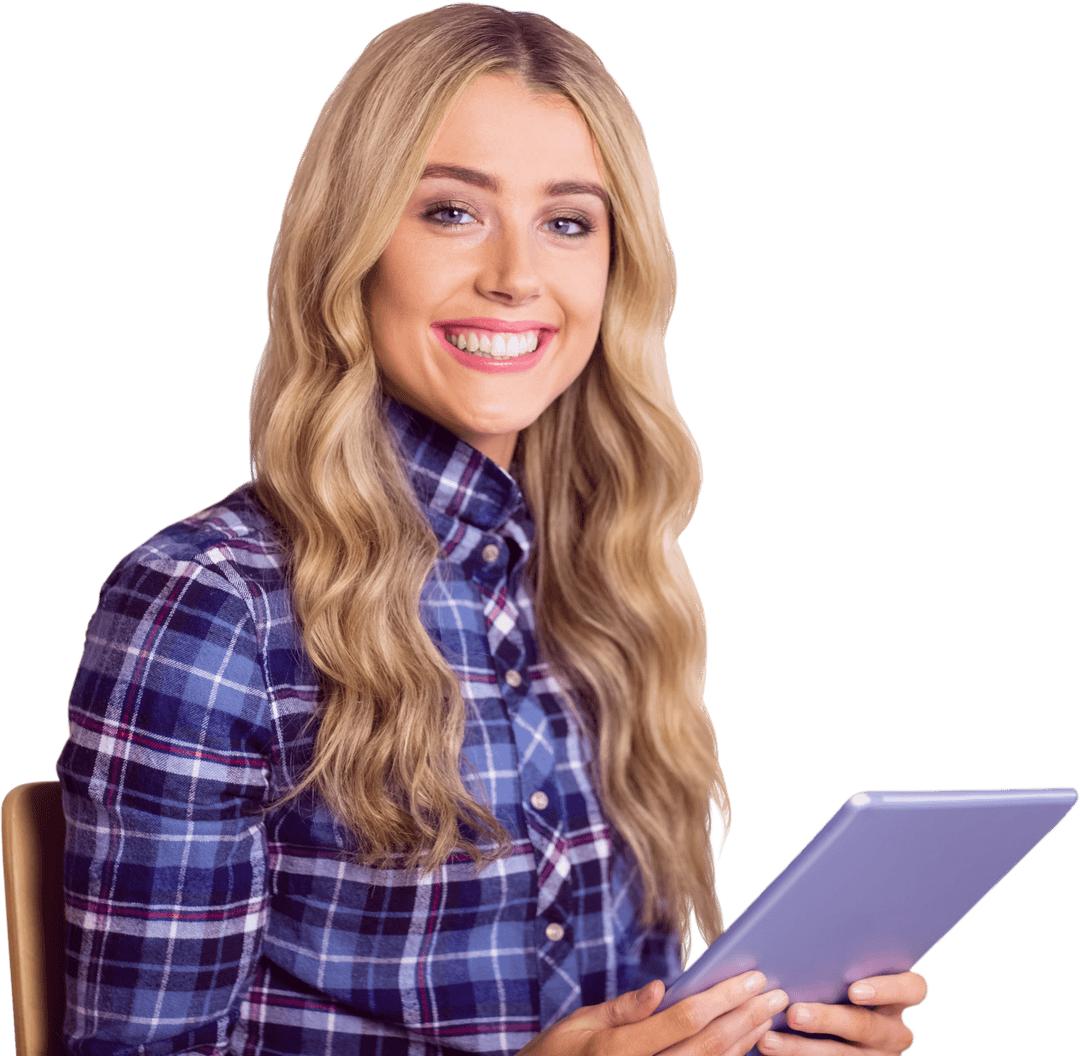 Transparent Background Smiling Woman Using Tablet in Casual Plaid Shirt