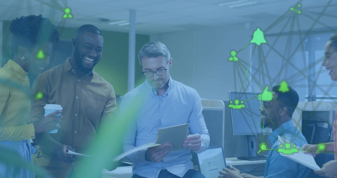 Multicultural team collaborating around tablet in open-plan office with network overlay