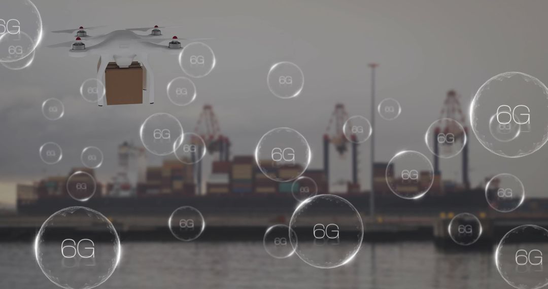 Drone Delivery Using 6G Technology Near Busy Cargo Port - Free Images, Stock Photos and Pictures on Pikwizard.com