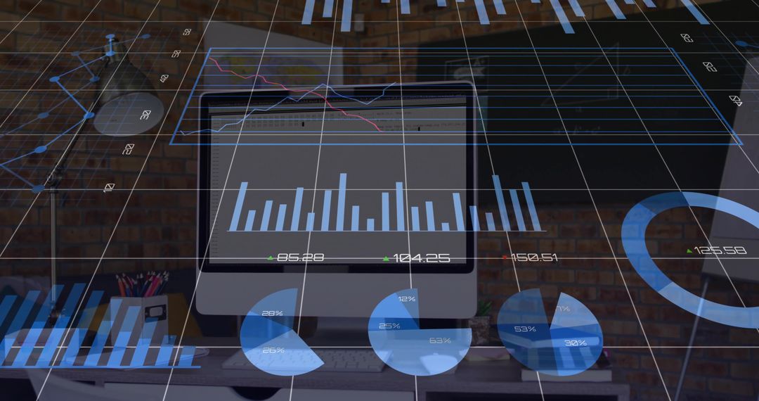 Digital Workspace with Futuristic 3D Charts on Monitor