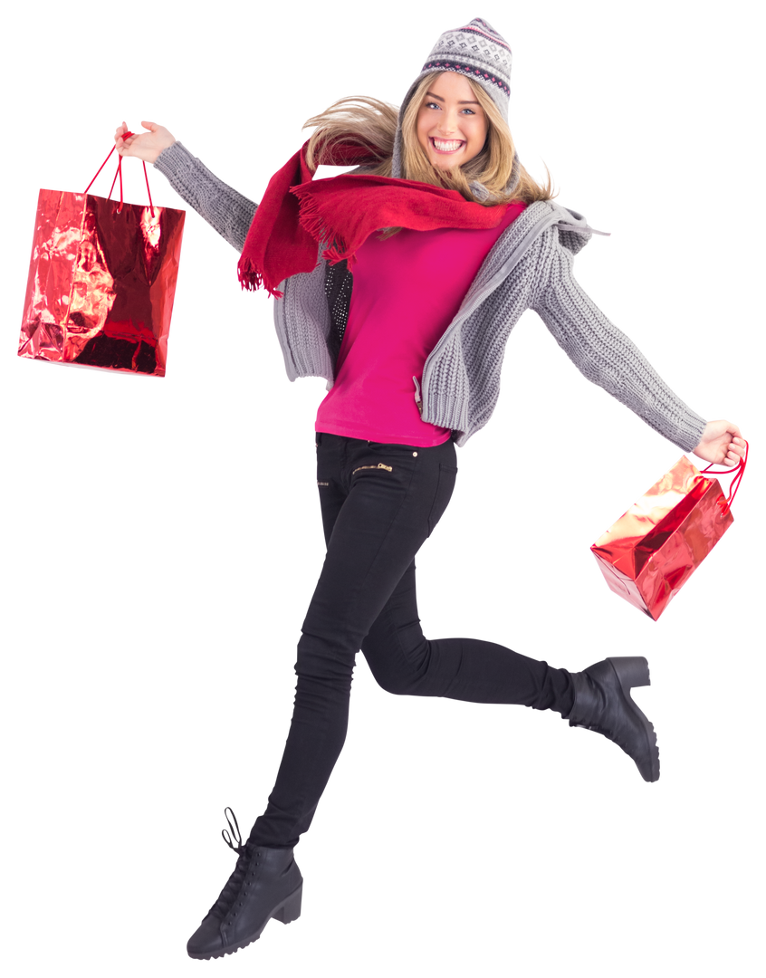 Blonde Woman Joyfully Shopping with Winter Attire Transparent - Download Free Stock Images Pikwizard.com