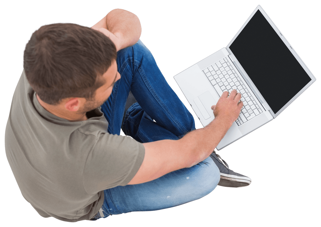 Transparent Overhead View Young Man Using Laptop for Work or Study