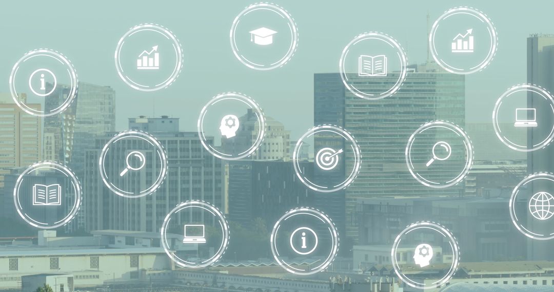 Futuristic Digital Icons over Urban Cityscape Representing Global Networking