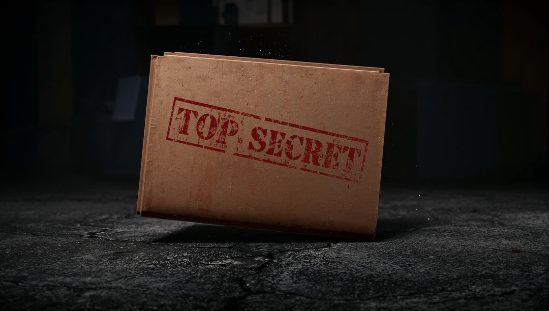 Top Secret Folder Leaning on Cracked Concrete Floor under Dramatic Spotlight