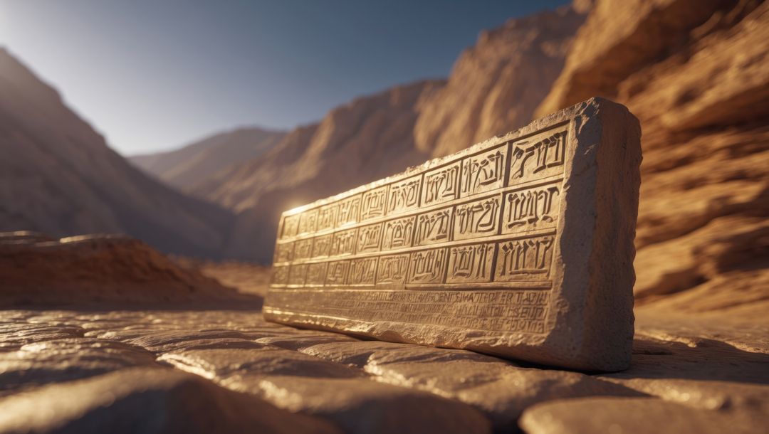 Ancient stone slab with carvings in sunlit canyon, ten commandments concept