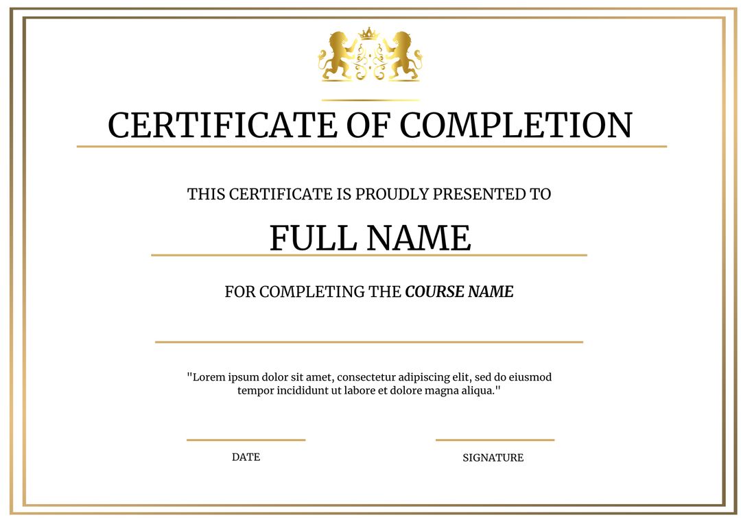 Elegant Certificate of Completion Template with Gold Frame and Customizable Fields - Download Free Stock Templates Pikwizard.com