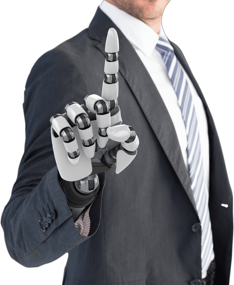 Businessman with Transparent Robotic Arm Pointing Forward