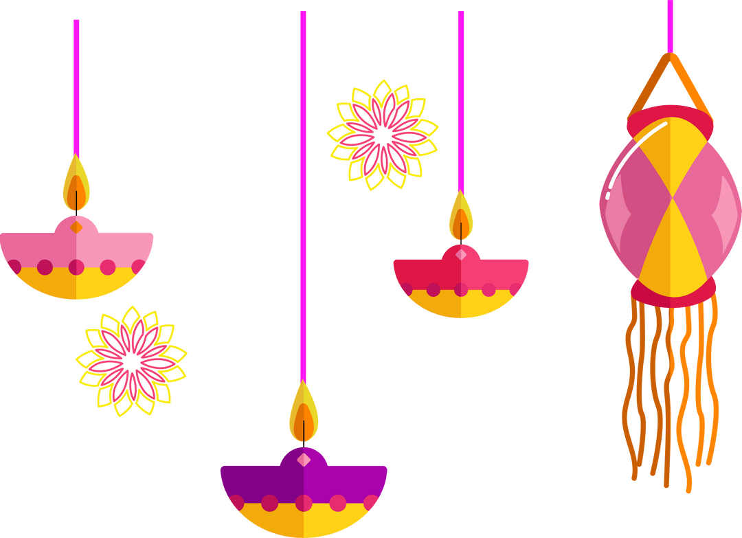 Bright Diwali Diyas and Lantern on Transparent Background