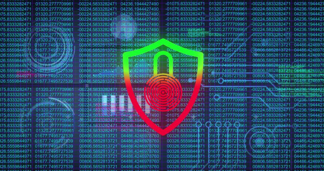 Colorful Shield Icon Over Digital Binary Code: Cybersecurity Concept