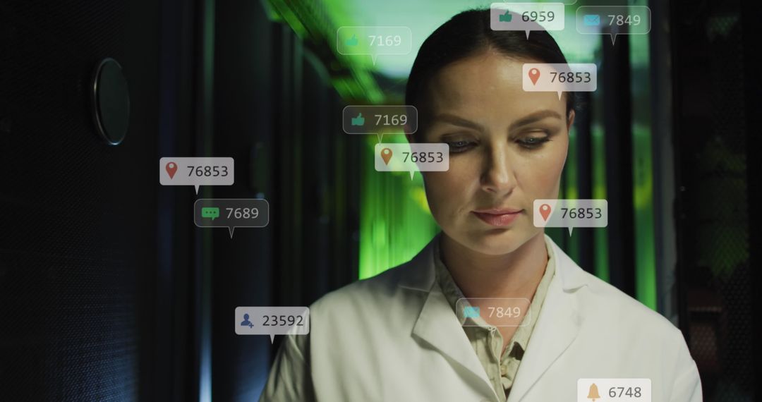 Engineer Analyzing Data in Server Room with Social Media Icons