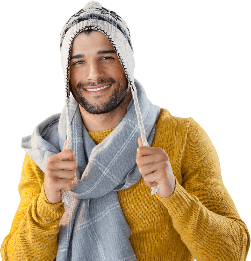 Smiling Man Holding Grey Hat Cord Liberated and Joyful Mood
