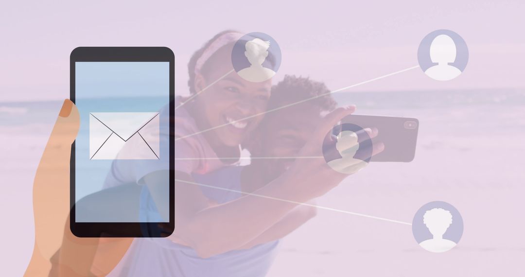 Couple at Beach Connected to Digital Network via Smartphone Icons