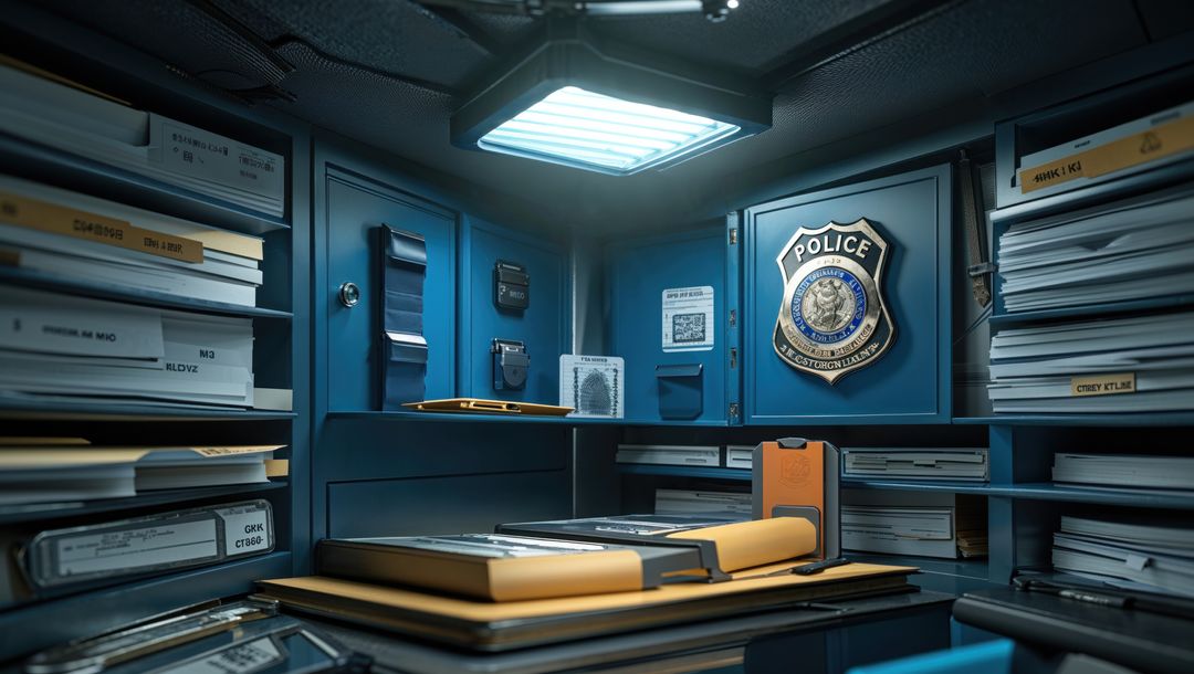 Police evidence storage with badge display in secure room, criminal record storage concept