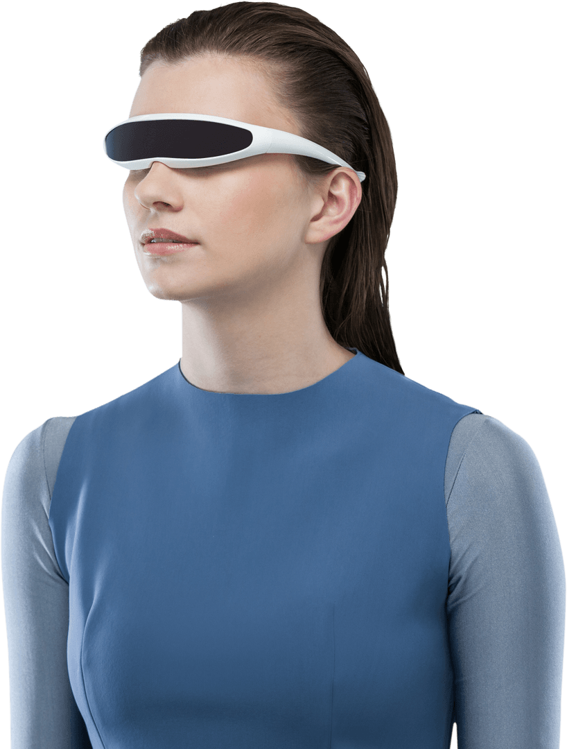 Woman Experiencing Virtual Reality With Futuristic Glasses on Transparent Background