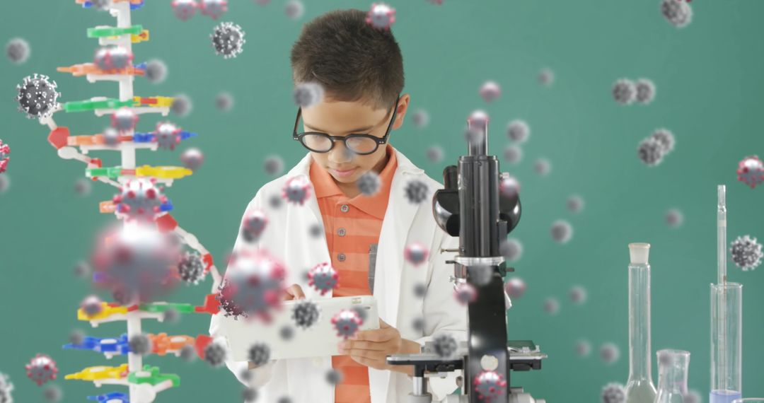 Young Boy Scientist Studying with Microscope in Classroom Setting