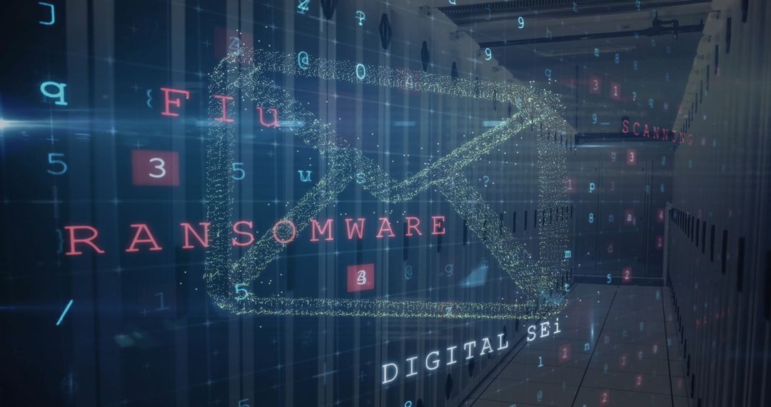 Digital Threats Visualized with Ransomware Warning in Server Room