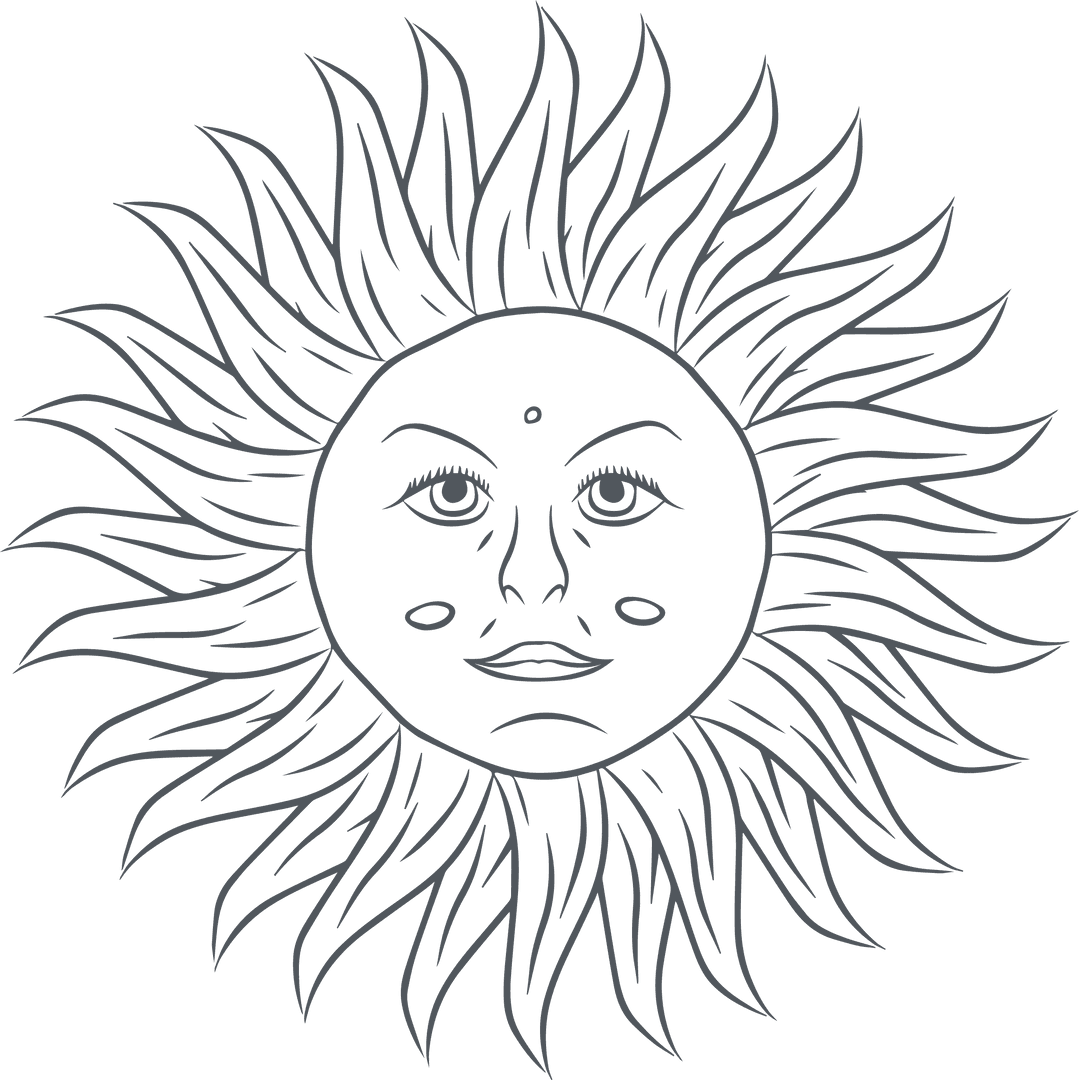 Stylized Sun Face Line Art on Transparent Background