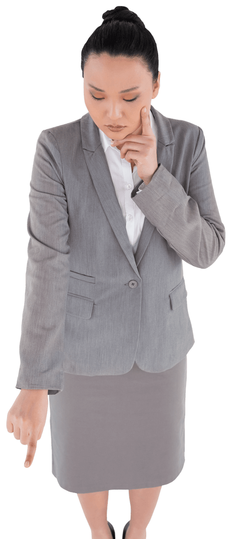 Transparent Businesswoman Portrait Pointing Downwards Thoughtfully