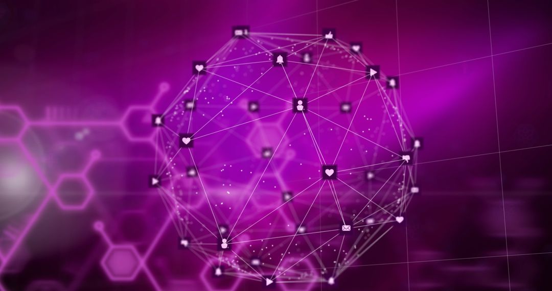 Global Communication Network with Digital Icons on Purple Background