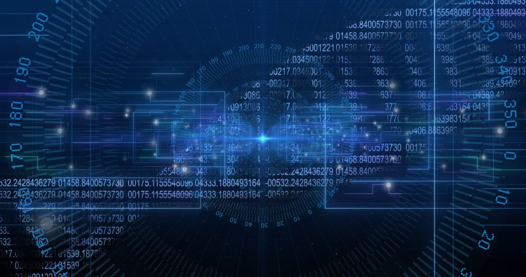 Glowing Central Hub in Digital Network with Blue Light Effects