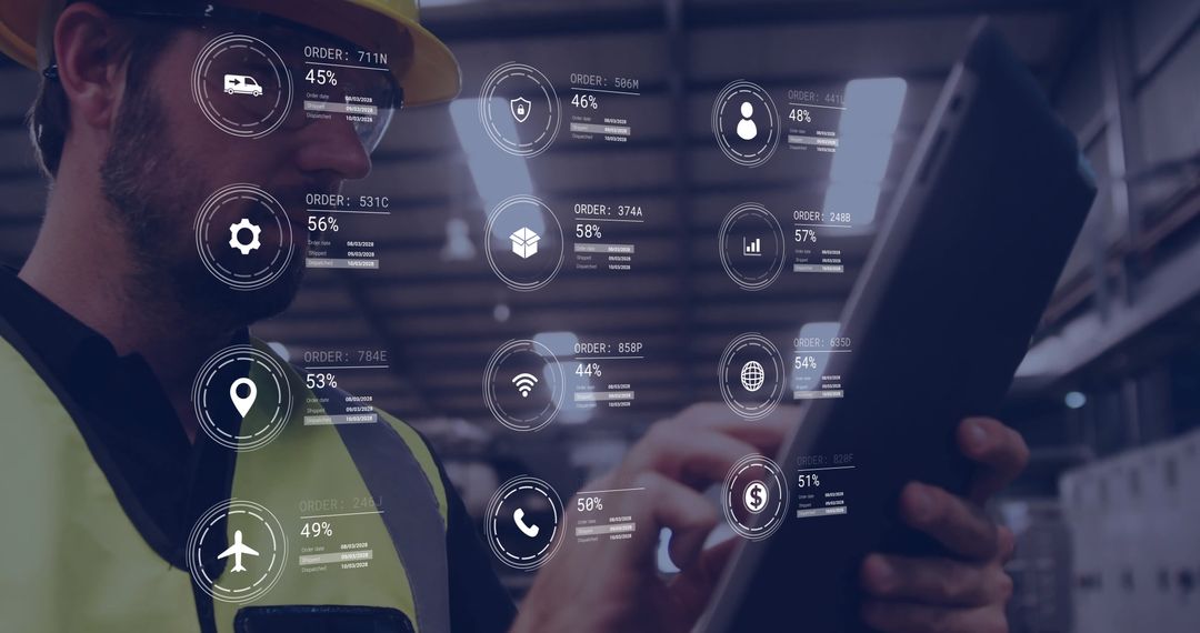 Warehouse Worker Using Digital Tablet with Data Interface Overlay