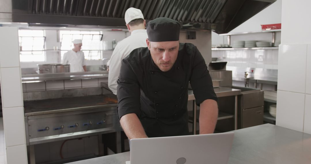 Focused Chef Using Laptop in Professional Kitchen - Free Images, Stock Photos and Pictures on Pikwizard.com