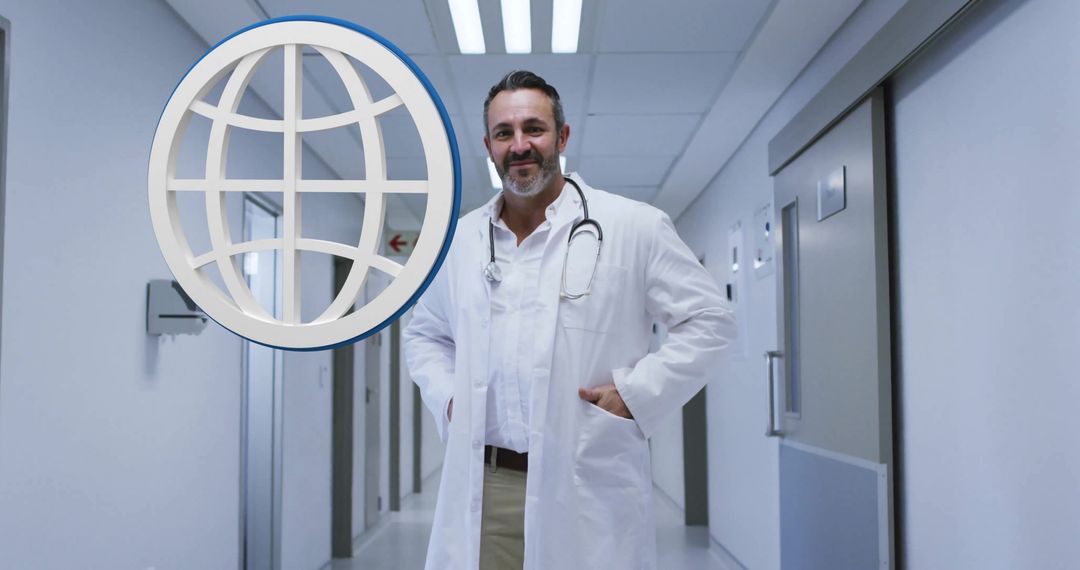 Middle-aged Doctor in Hospital Corridor with Globe Icon