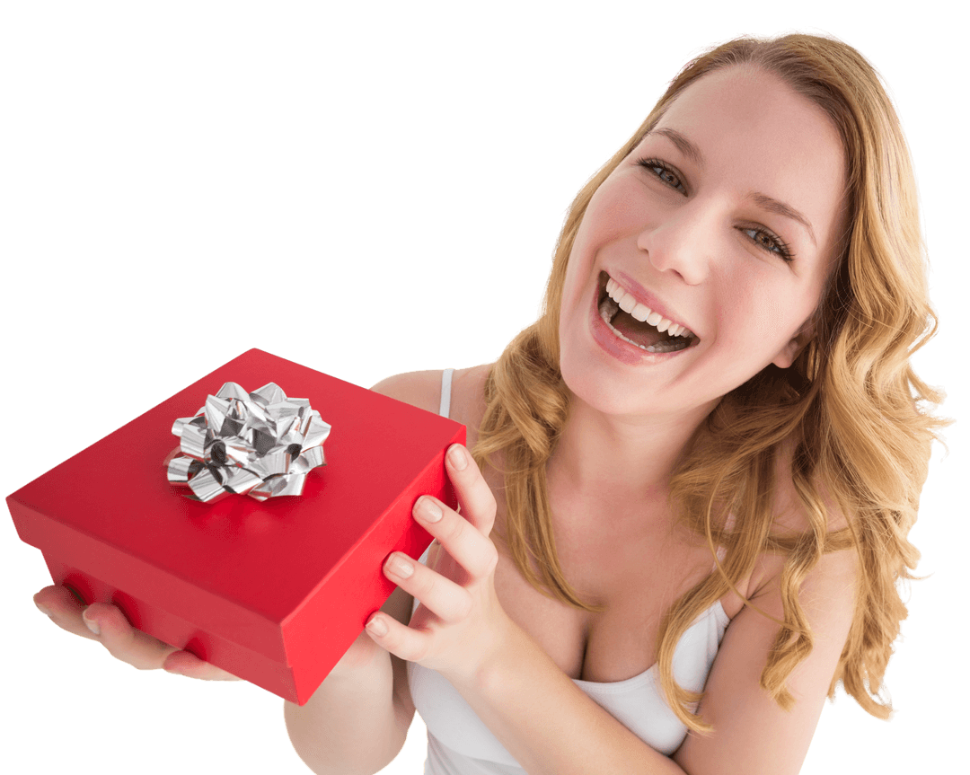 Smiling Woman Holding Transparent Red Gift Box