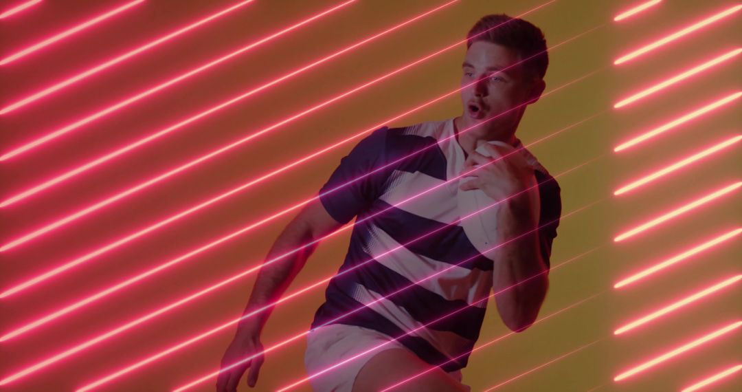 Energetic Man Playing Rugby with Vibrant Neon Lights