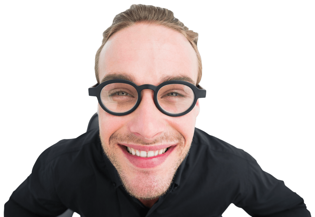 Transparent Enthusiastic Geek with Round Glasses Smiling