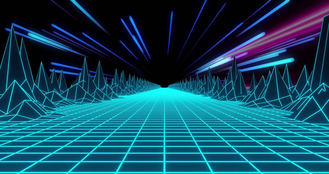 Futuristic Neon Grid Landscape with Glowing Geometrics