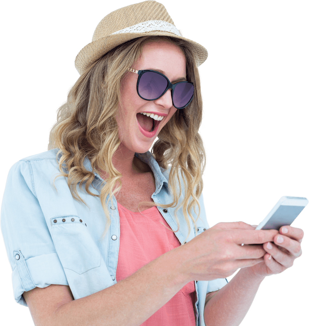 Trendy Woman Texting on Smartphone with Transparent Background