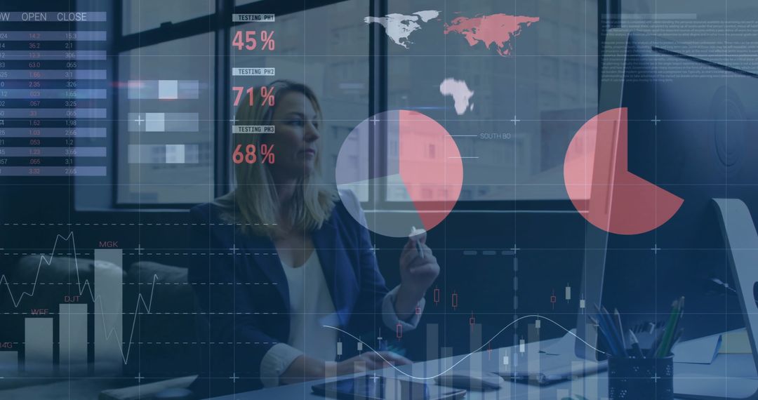 Businesswoman Analyzing Financial Data on Computer with Digital Interface