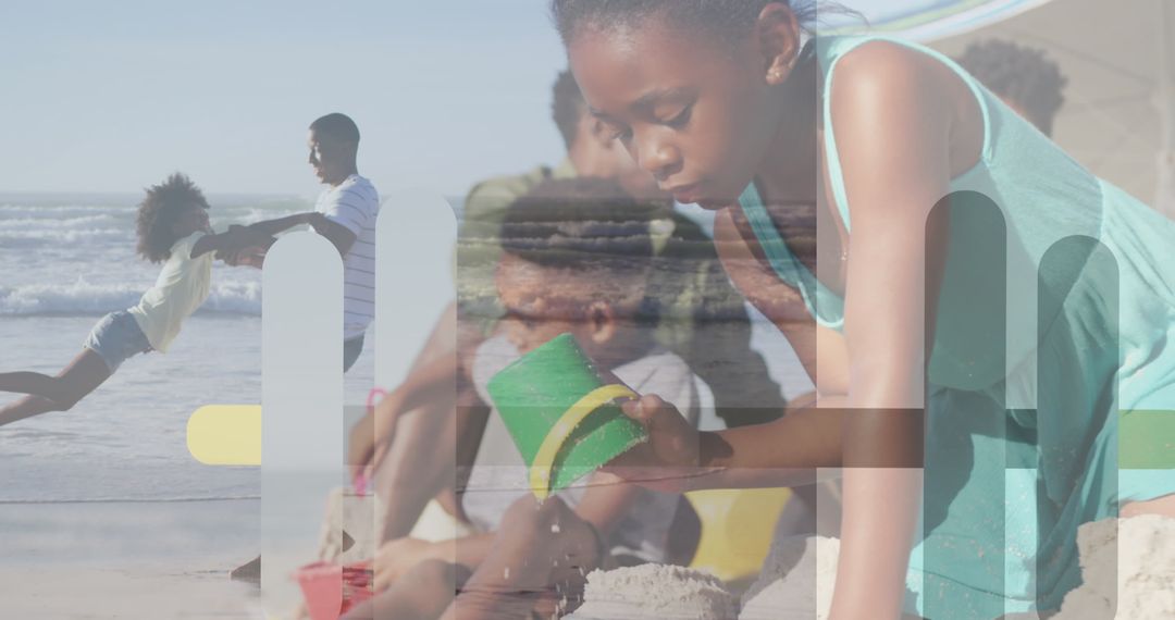Children Playing on Scenic Beach with Overlapping Graph Elements