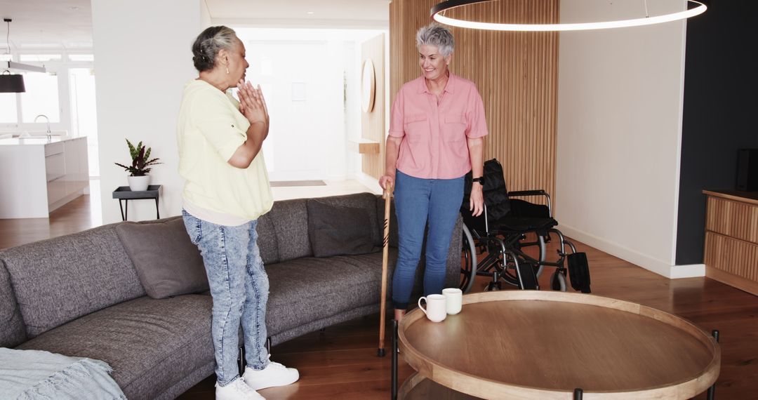 Senior lesbian couple supporting each other at home