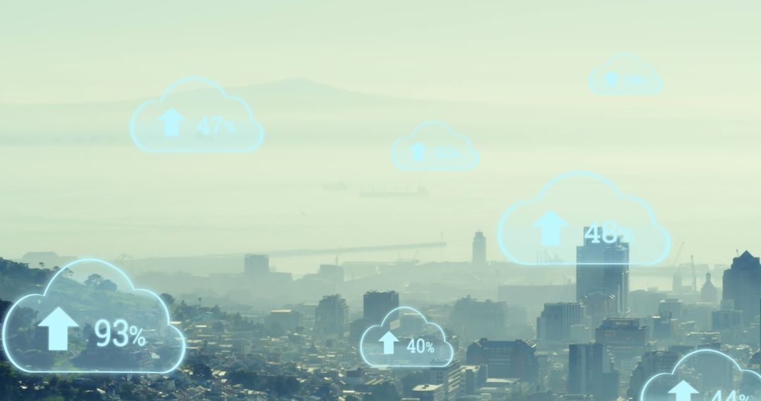 Cityscape with Digital Clouds Representing Data Storage Growth