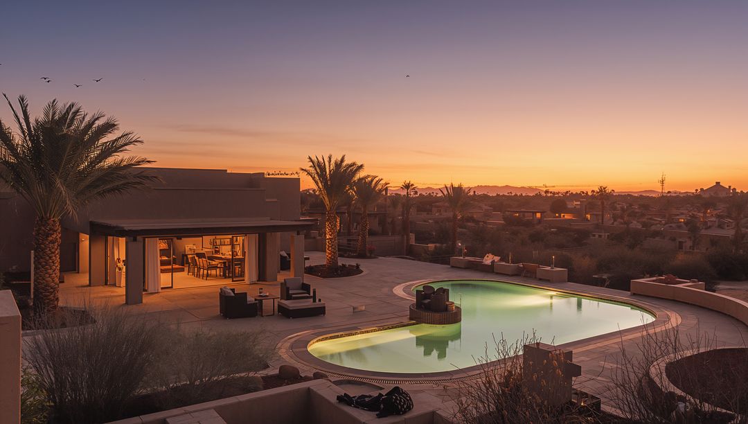 Luxury desert villa showcasing curved illuminated pool and palm courtyard at sunset
