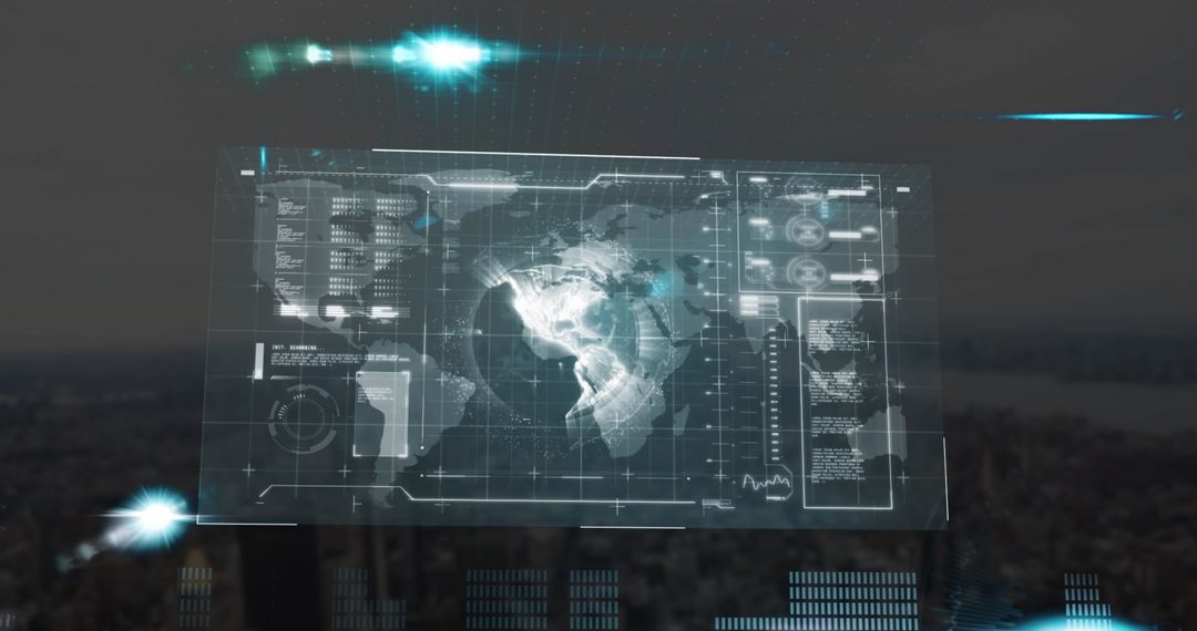 Holographic World Map Display Over Cityscape at Dusk