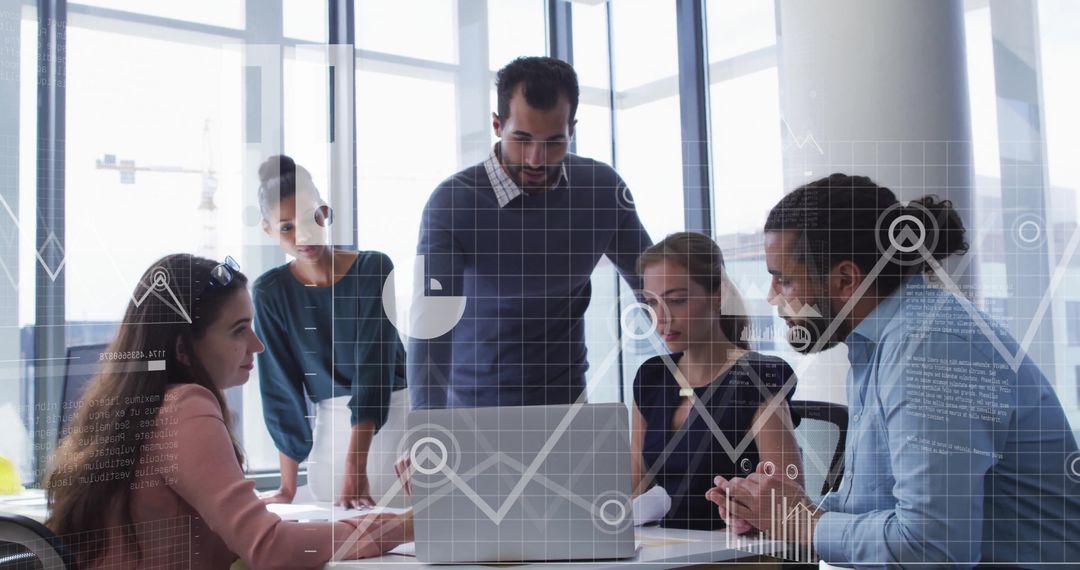 Colleagues Collaborative in Modern Office with Data Overlays