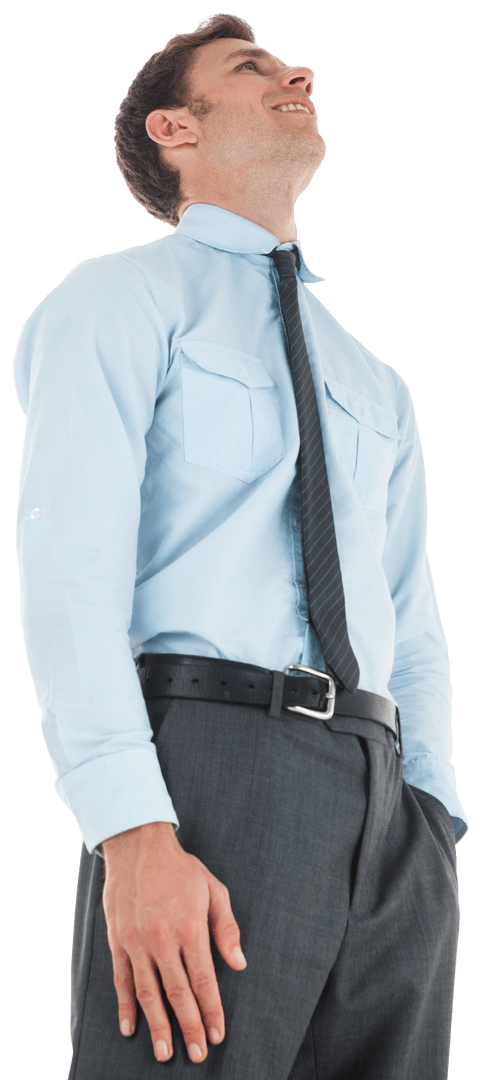 Transparent View of Happy Businessman in Formal Attire Looking Up