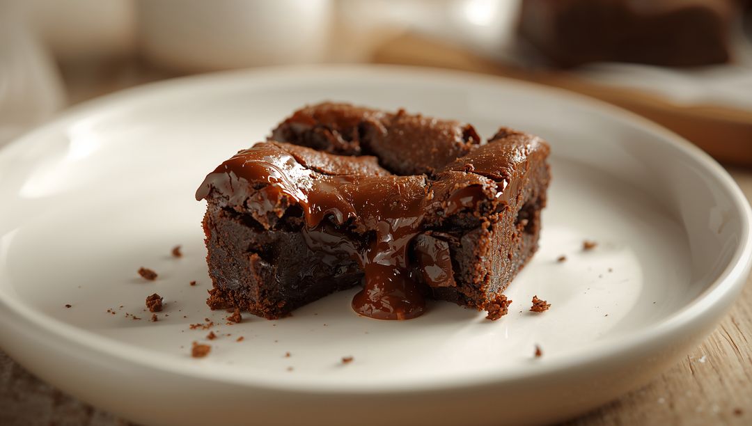 Gooey Square Chocolate Brownie Dripping Molten Chocolate on White Plate Close-Up Rustic