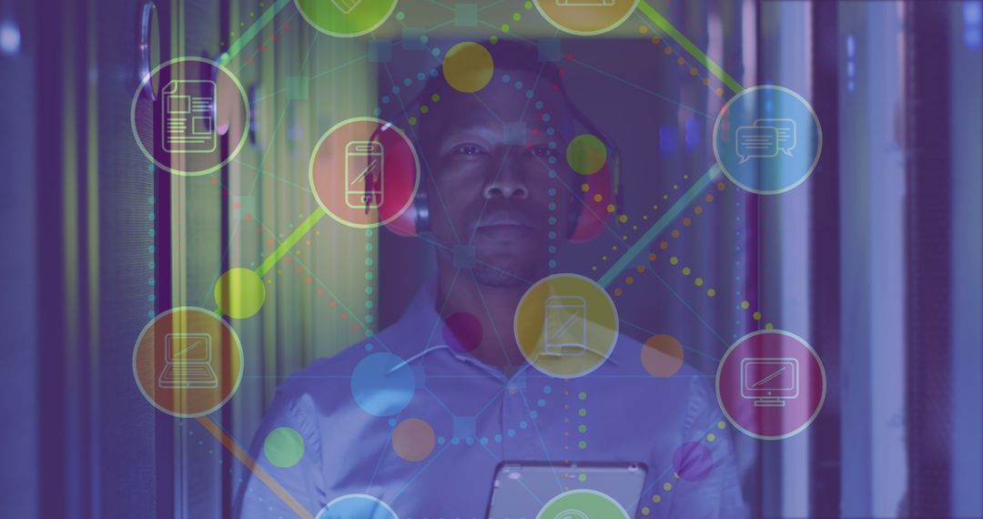 African American Technician in VR Environments and Digital Networks