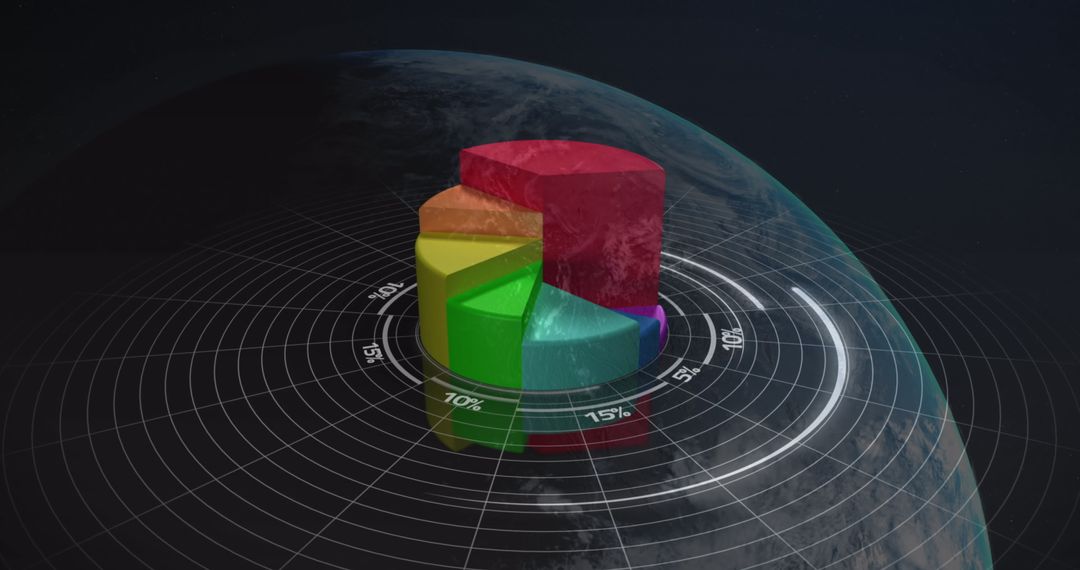 Colorful 3D Pie Chart on Global Background Symbolizing Data Analytics
