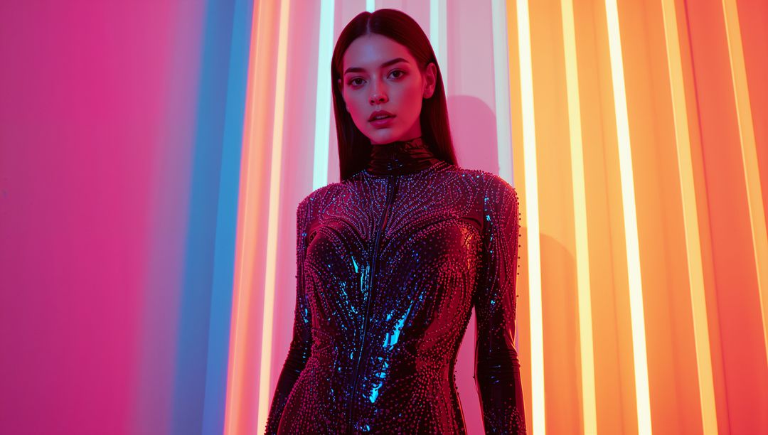 Glamorous Asian Model in Sequined Bodysuit with Neon LED Lights
