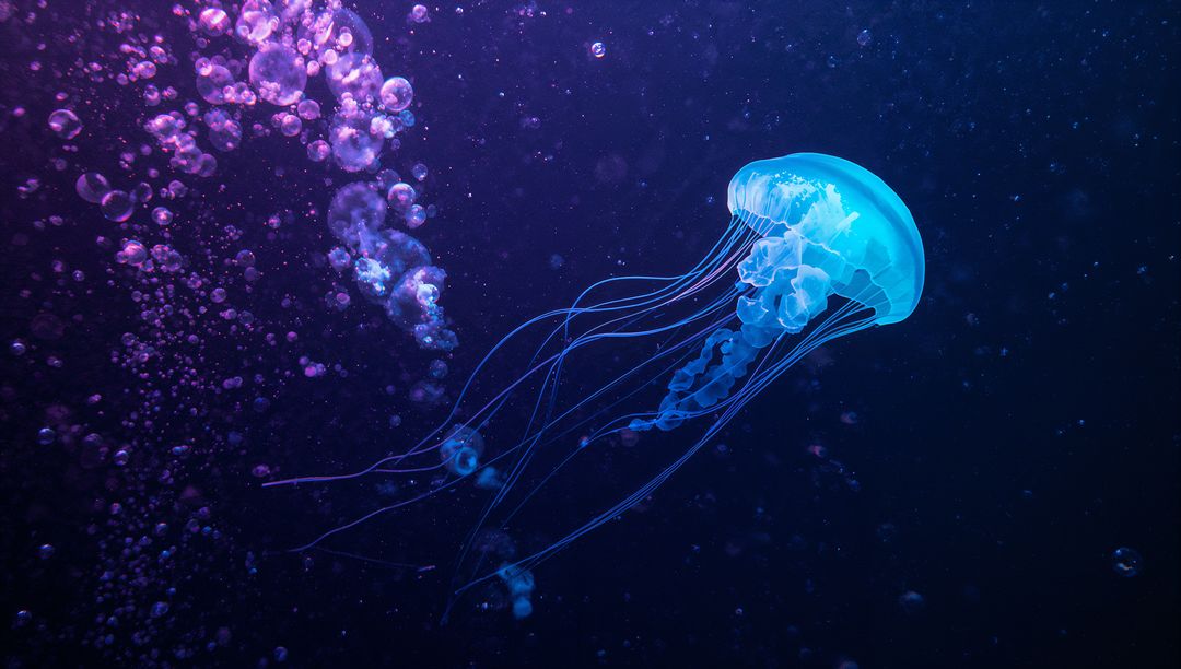 Glowing Jellyfish Drifting Through a Purple Underwater World