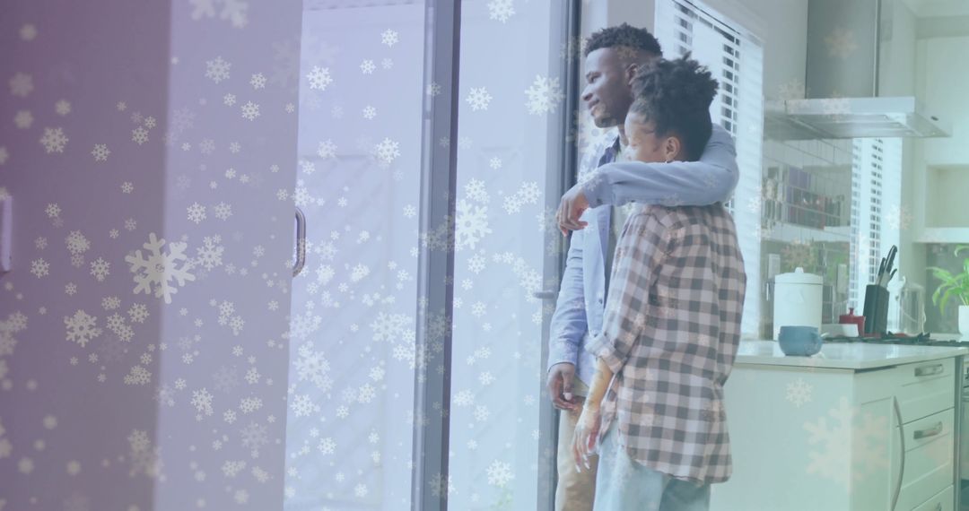 Couple Embracing While Watching Falling Snow from Home