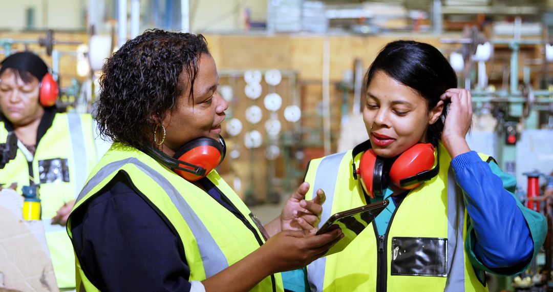 Female Colleagues in High-Visibility Gear Discussing Work on Factory Floor - Free Images, Stock Photos and Pictures on Pikwizard.com