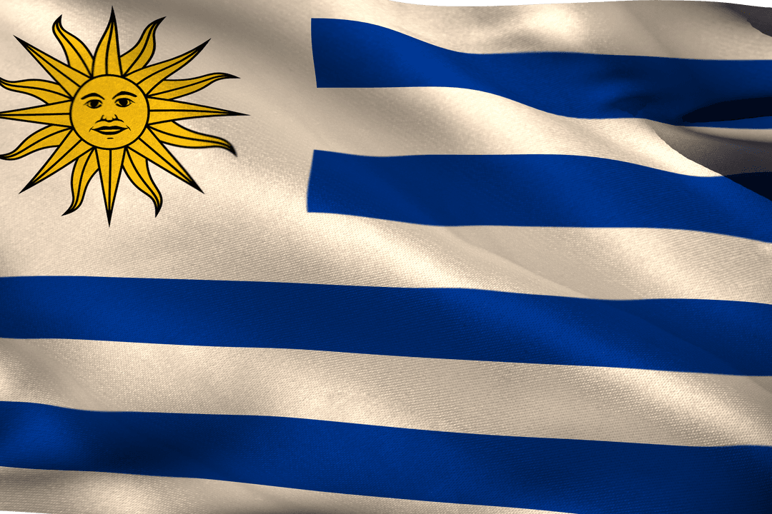 Close-up of Uruguayan Flag Waving with Sun Symbol on Blue Stripes