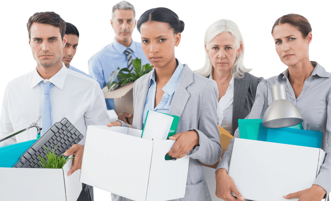 Unhappy Business Professionals Holding Transparency Packing Boxes