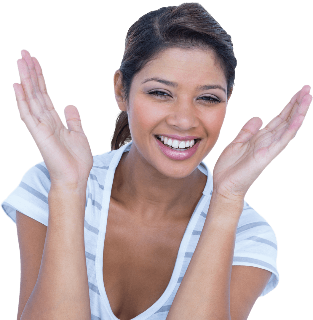 Cheerful Young Woman Smiling with Open Hands on Transparent Background